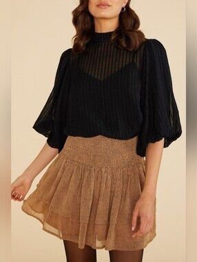 Mink Pink Lylah Black Sheer Puff-Sleeve Top